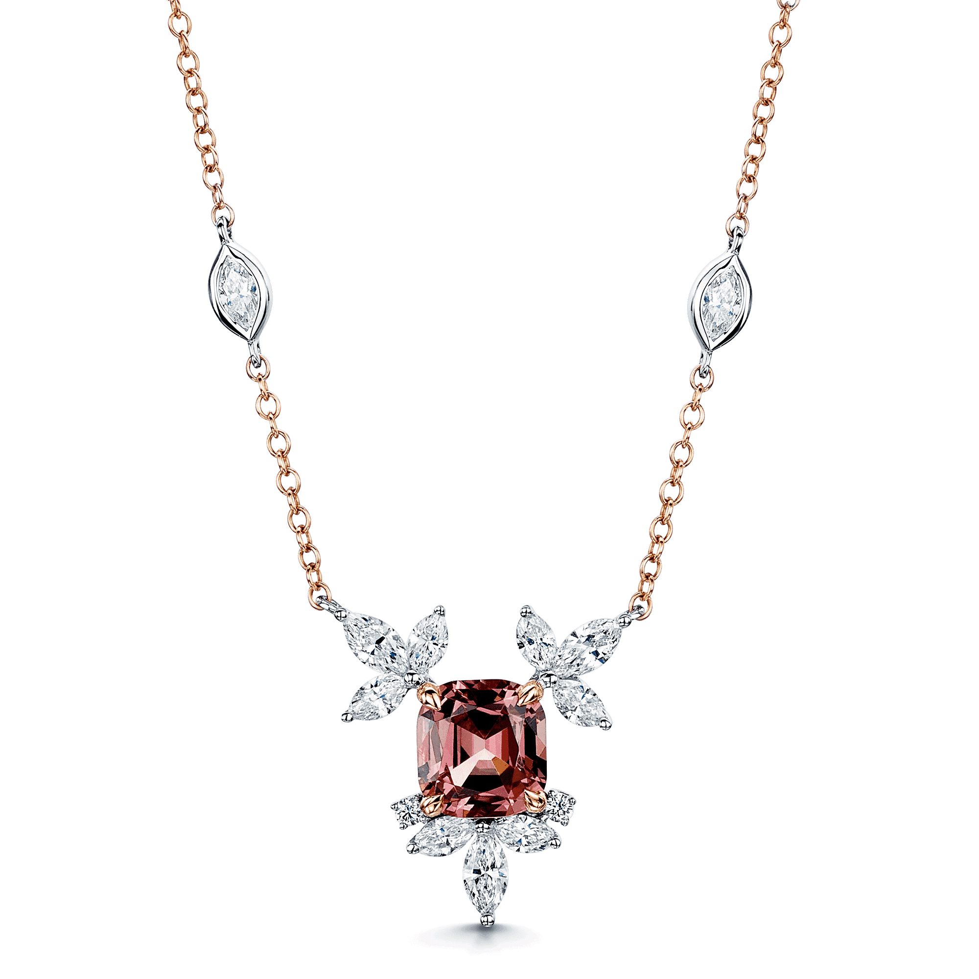 18ct Rose & White Gold Malayan Garnet Marquise Diamond Flower Necklace With Marquise Cut Diamond Set Chain