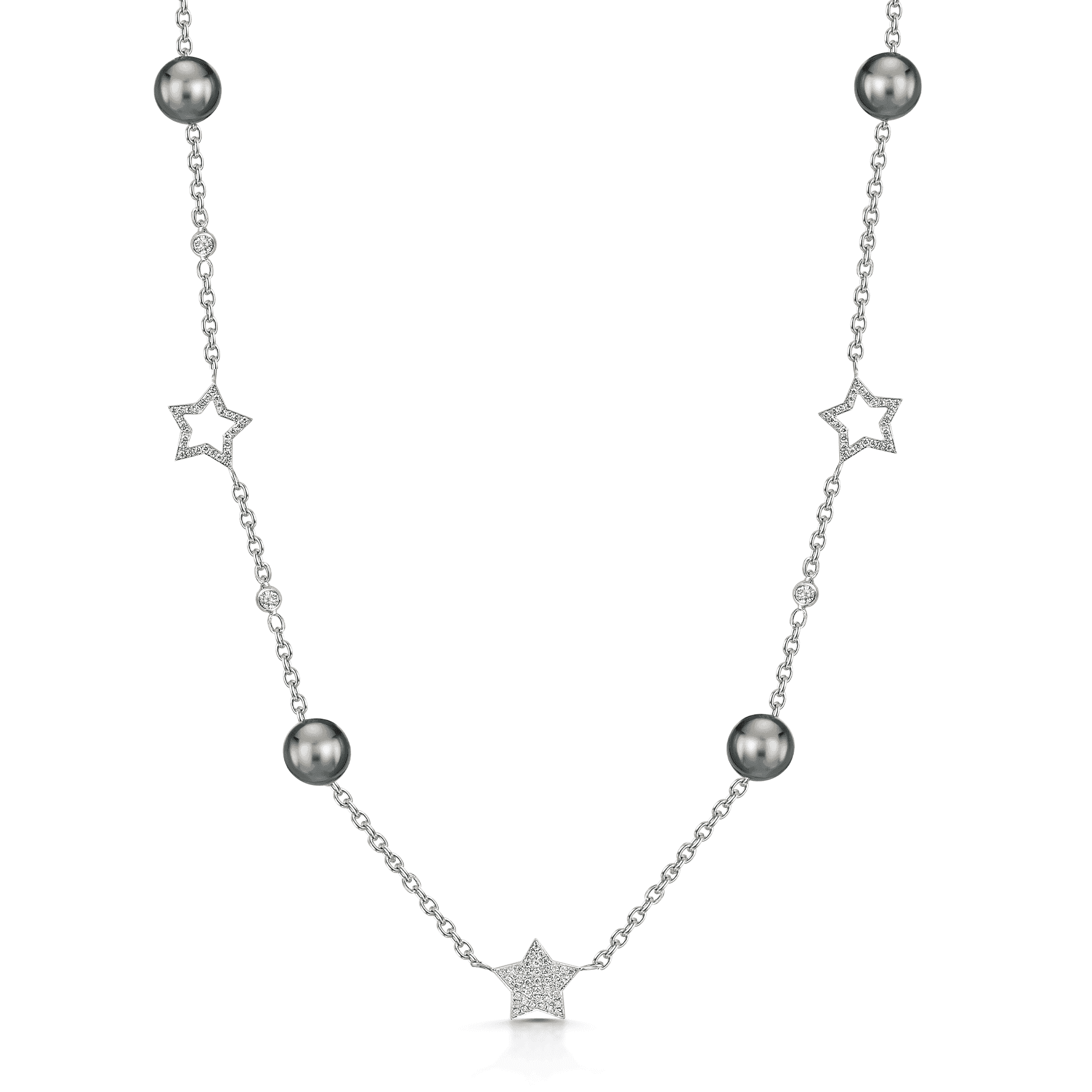 18ct White Gold Grey Pearl & Diamond Pave Set Star Sautoir Necklet