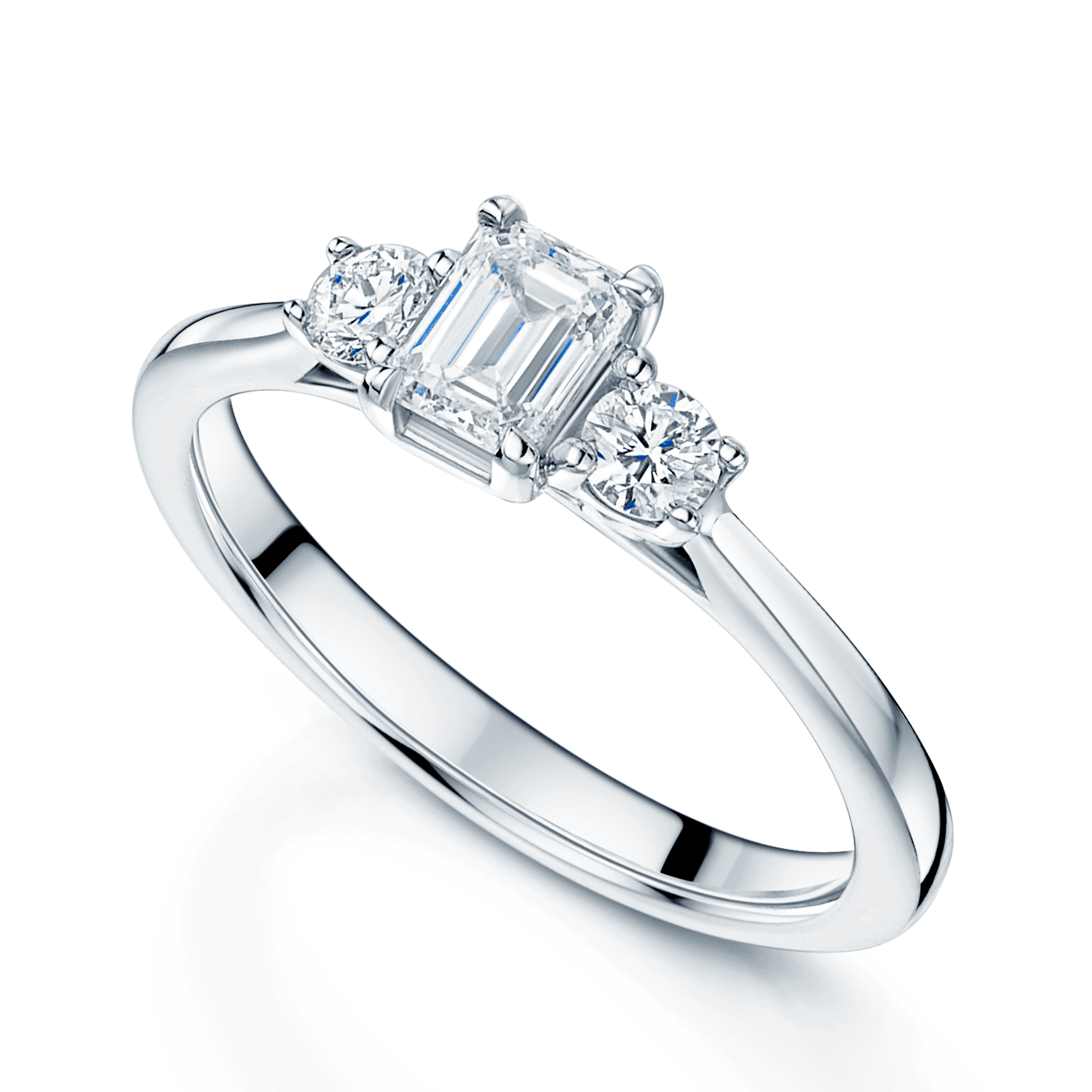 Platinum GIA Certificated Emerald Cut And Round Brilliant Cut Diamond Three Stone Ring