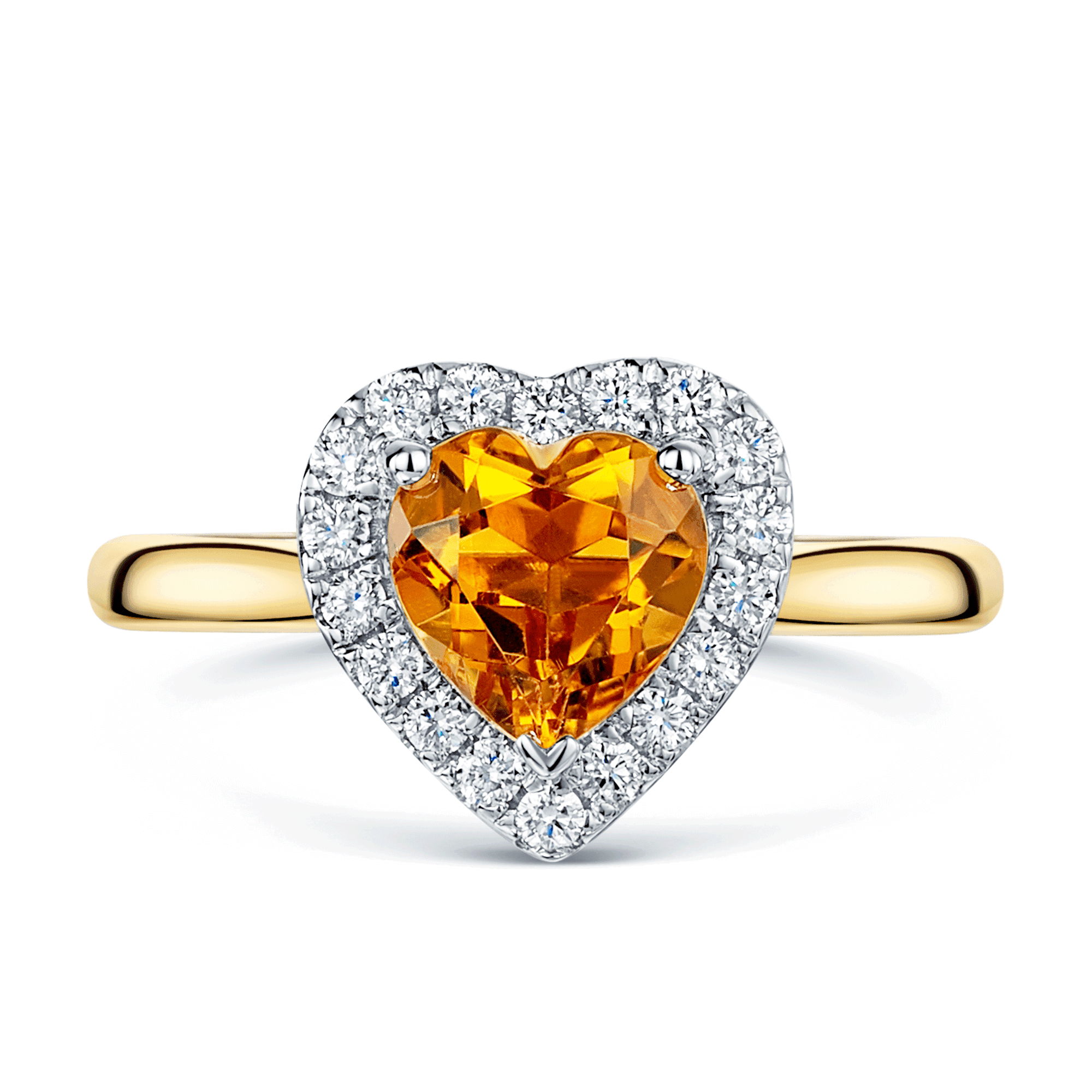 18ct Yellow Gold Heart Shaped Citrine & Diamond Halo Ring
