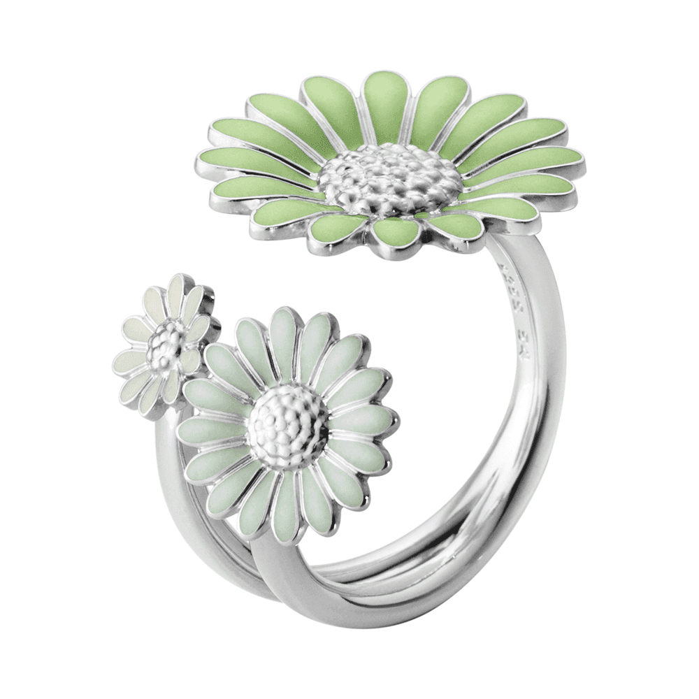 Daisy Rhodium Plated Sterling Silver Green & White Enamel Open Ring