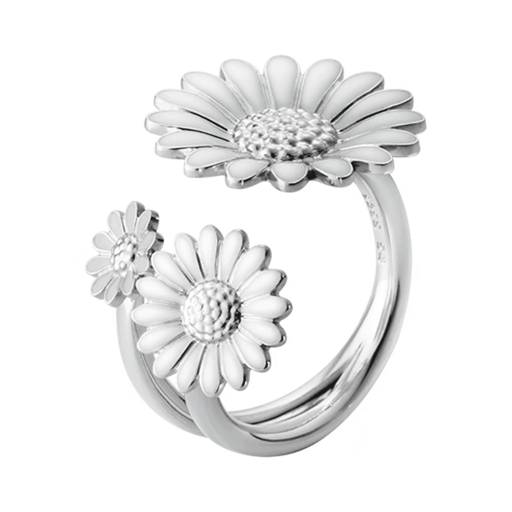Daisy Rhodium Plated Sterling Silver & White Enamel Open Ring