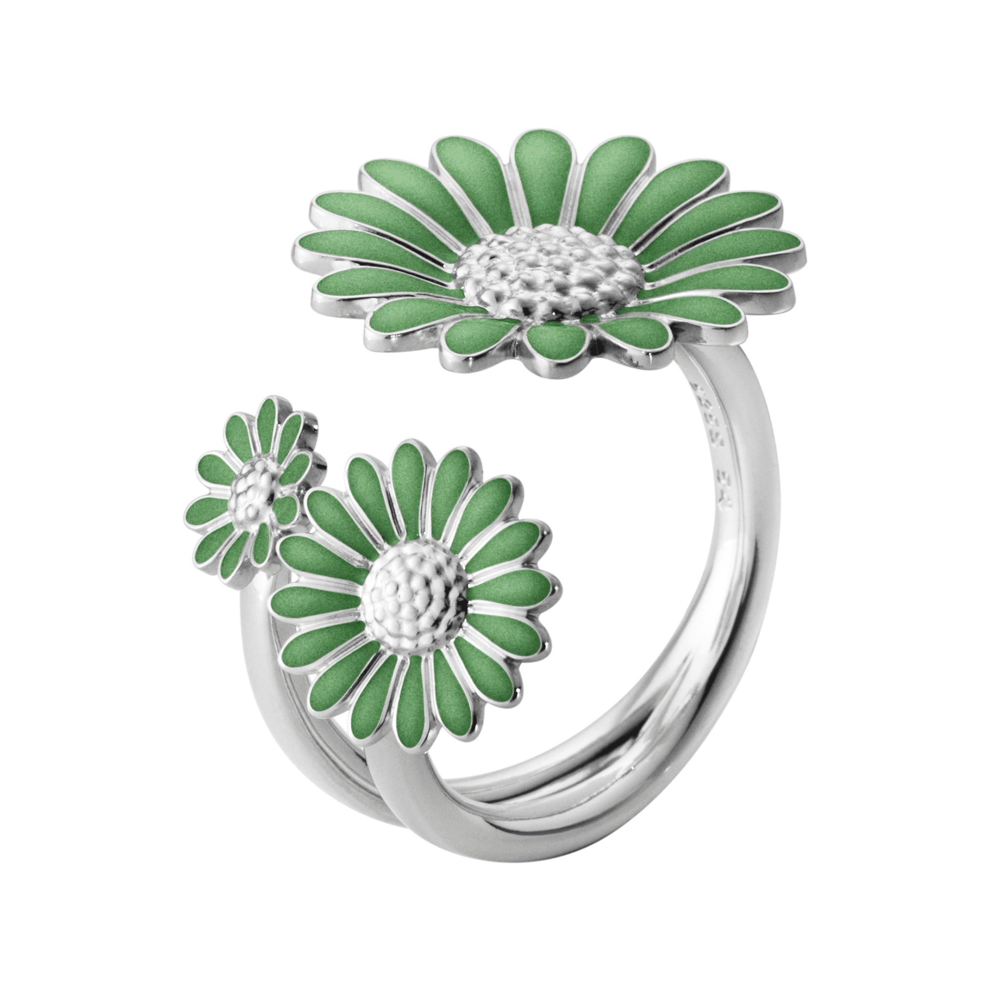 Daisy Rhodium Plated Sterling Silver & Green Enamel Open Ring
