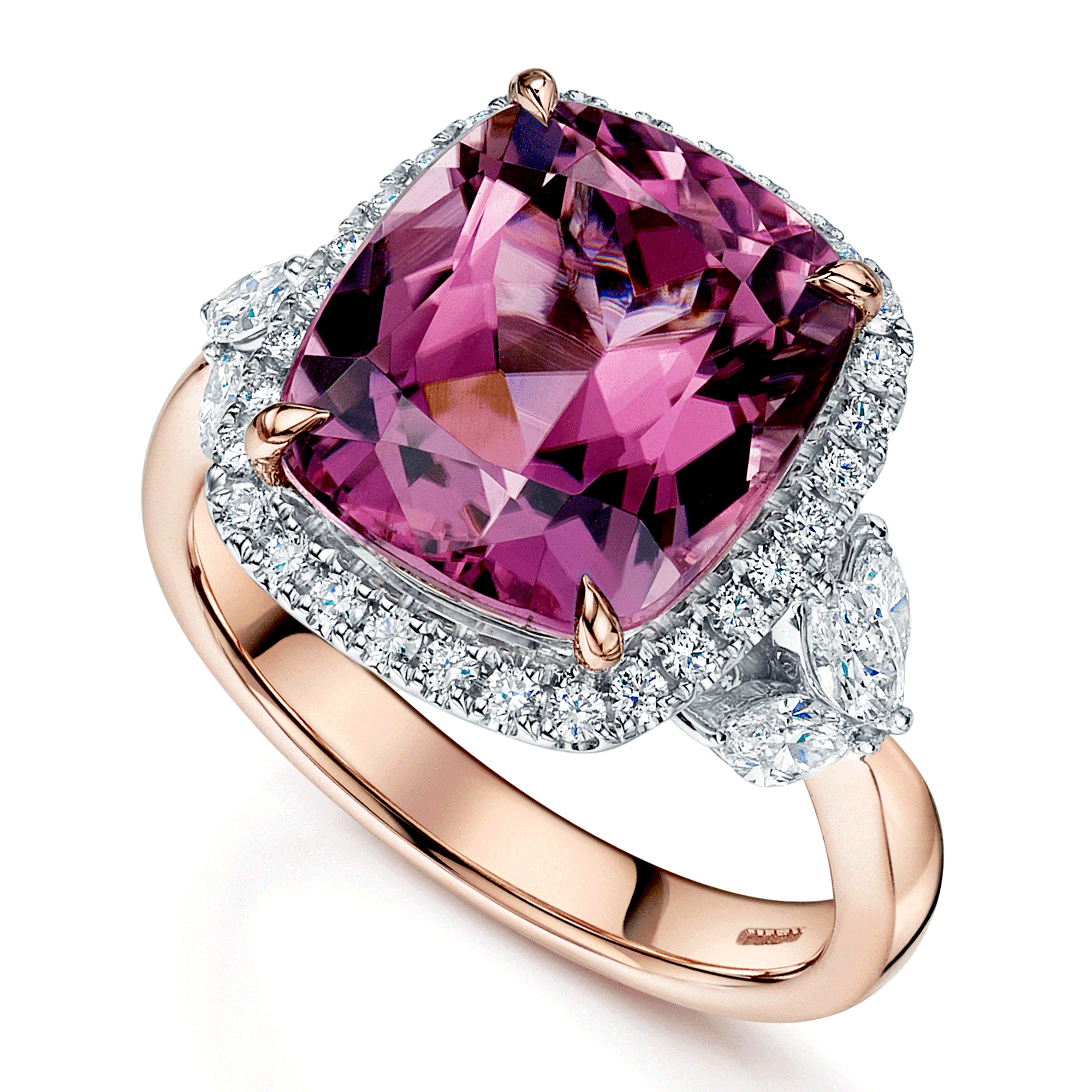 18ct Rose & White Gold Cushion Cut Pink Tourmaline Diamond Halo Ring With Marquise Cut Diamond Shoulders