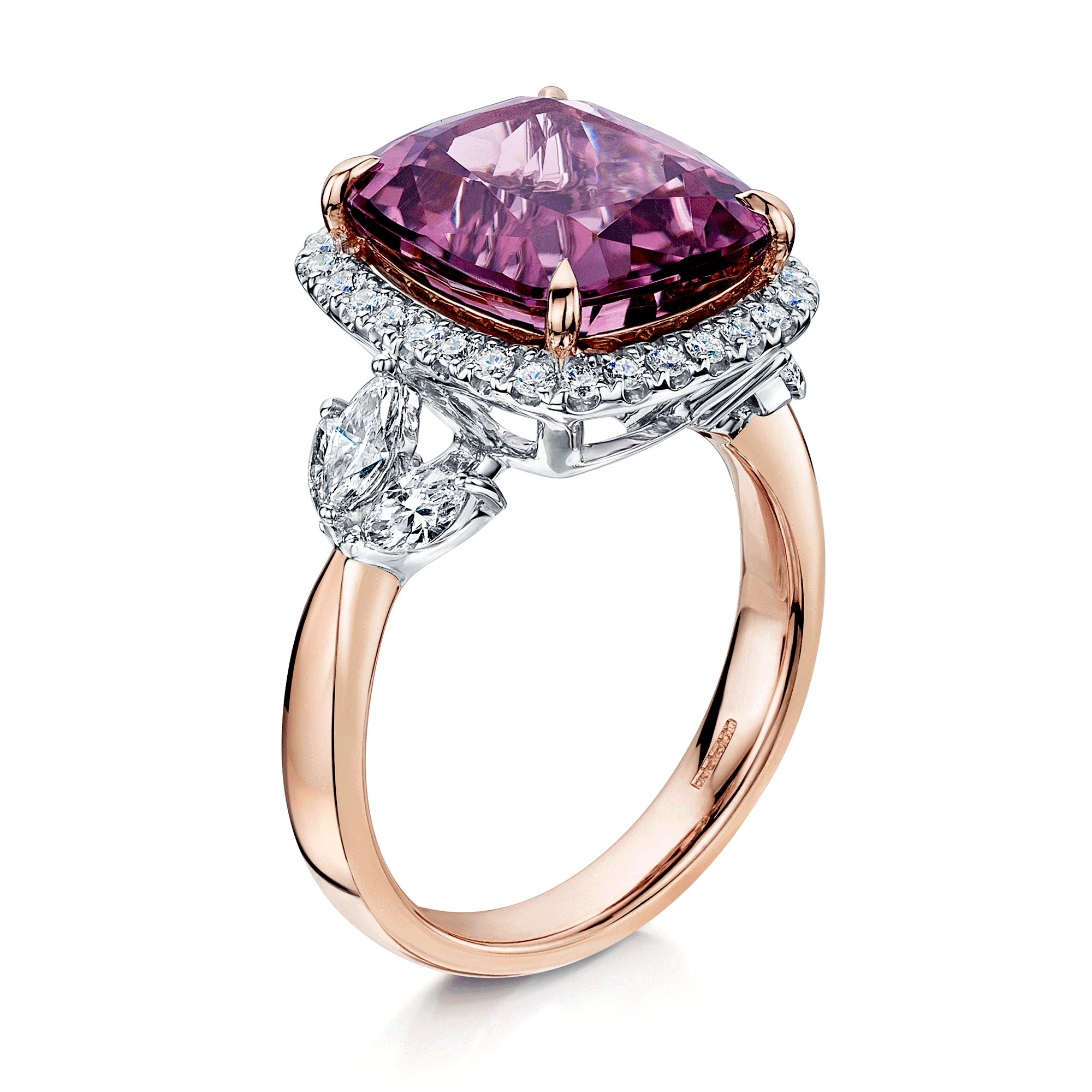 18ct Rose & White Gold Cushion Cut Pink Tourmaline Diamond Halo Ring With Marquise Cut Diamond Shoulders