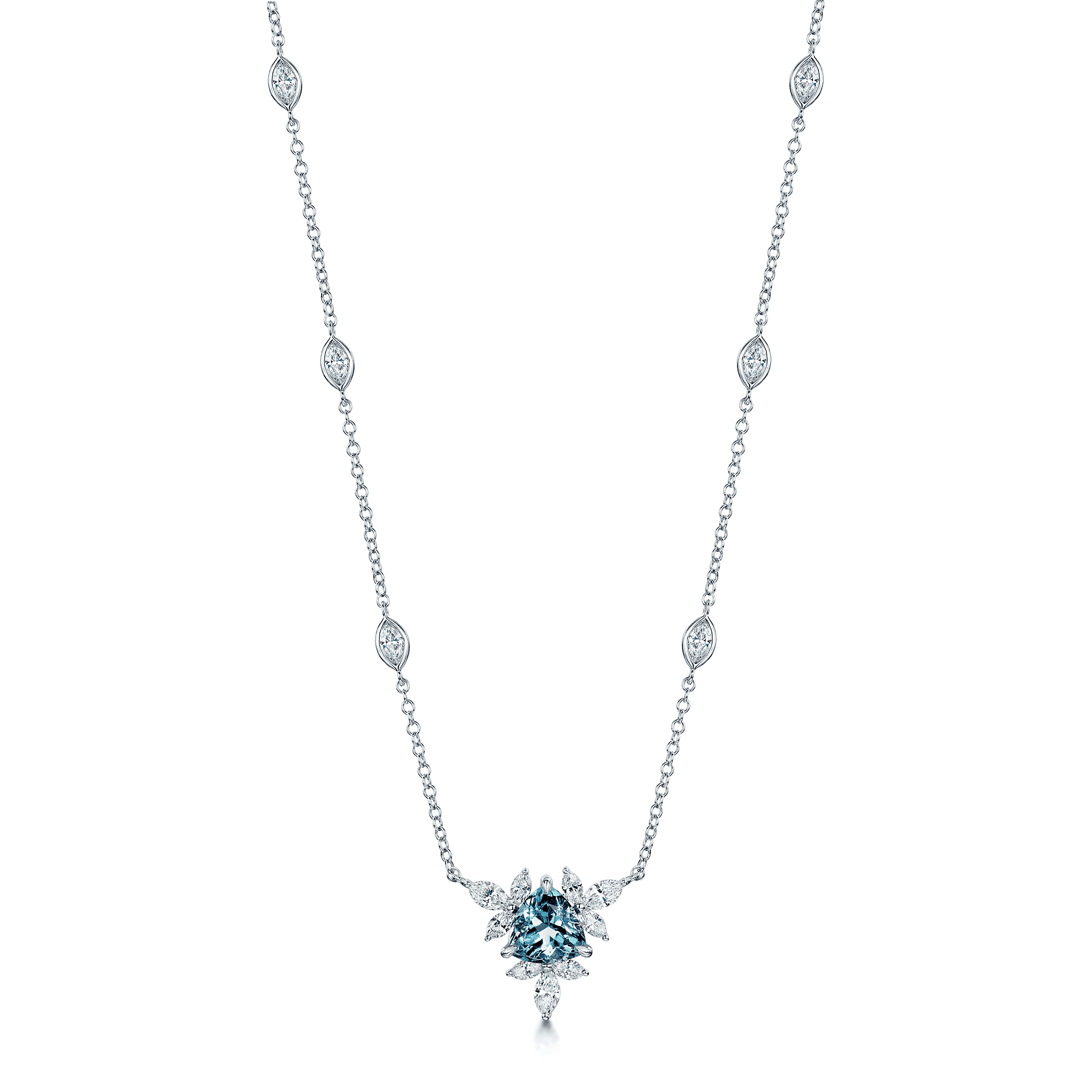 18ct White Gold Trilliant Cut Aquamarine & Marquise Diamond Flower Necklace With Marquise Cut Diamond Set Chain