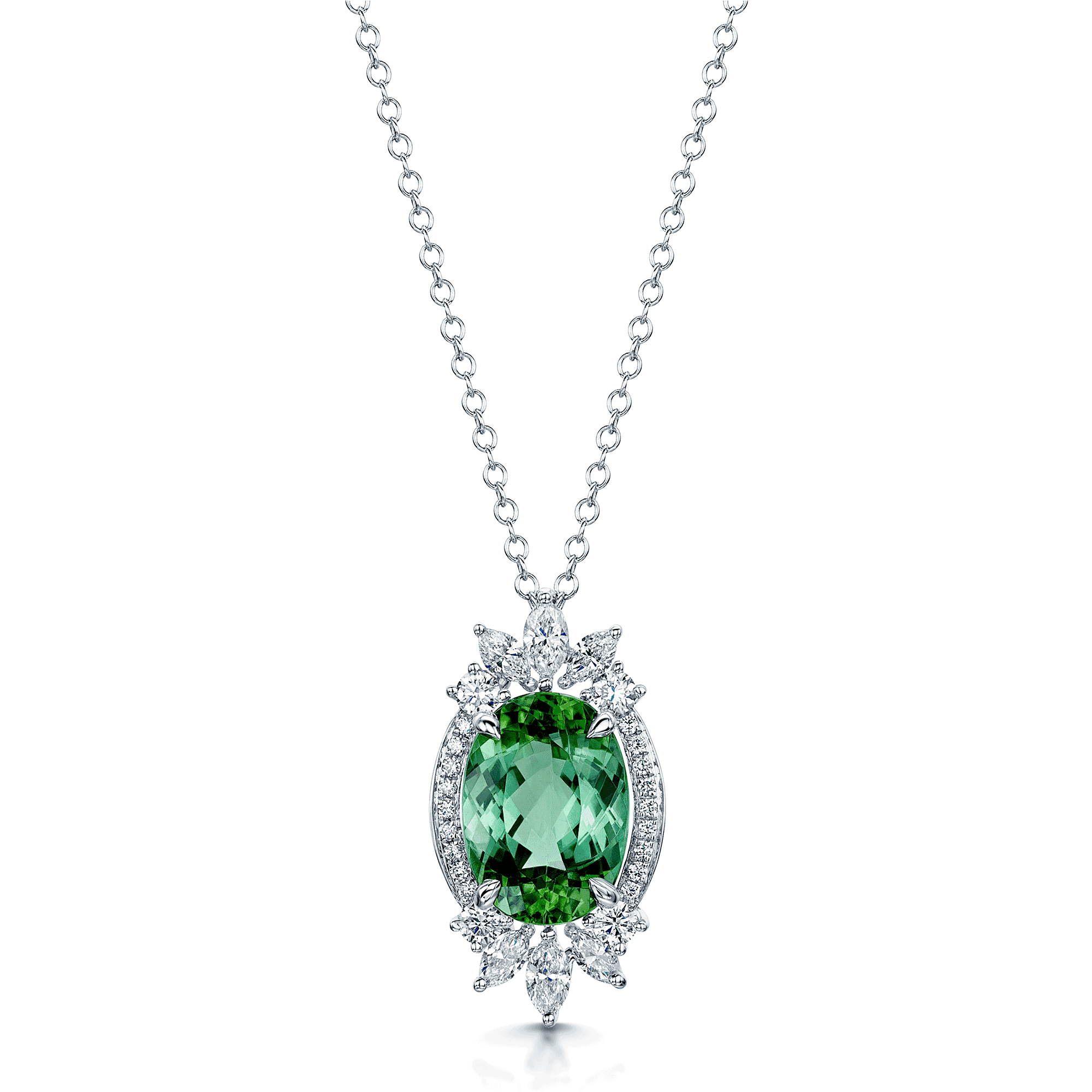 18ct White Gold Oval Cut Green Tourmaline, Marquise Cut Diamond & Round Brilliant Cut Diamond Pendant