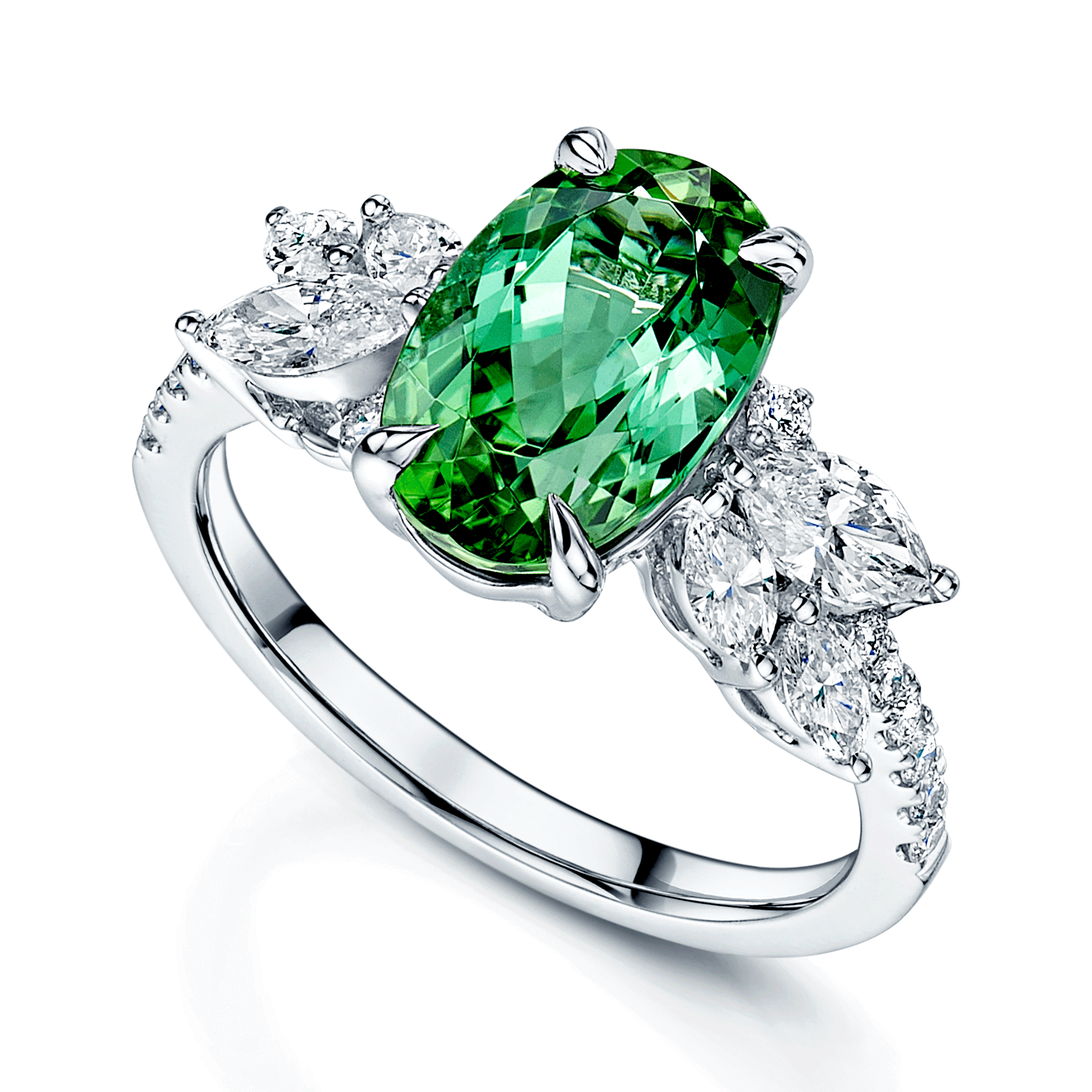 18ct White Gold Claw Set Oval Green Tourmaline & Marquise Cut Diamond Cluster Ring With Diamond Set Shoulders