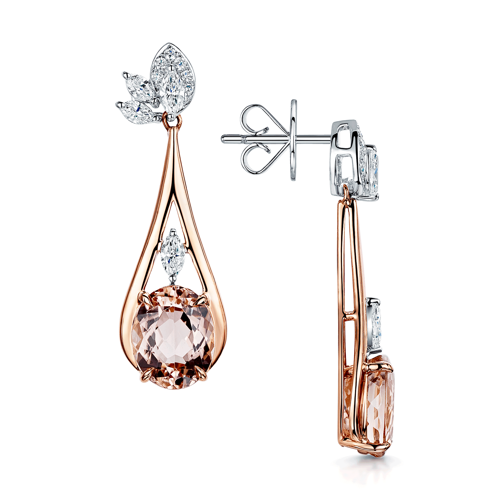 18ct Rose & White Gold Oval Cut Pink Tourmaline & Marquise Cut Diamond Drop Earrings