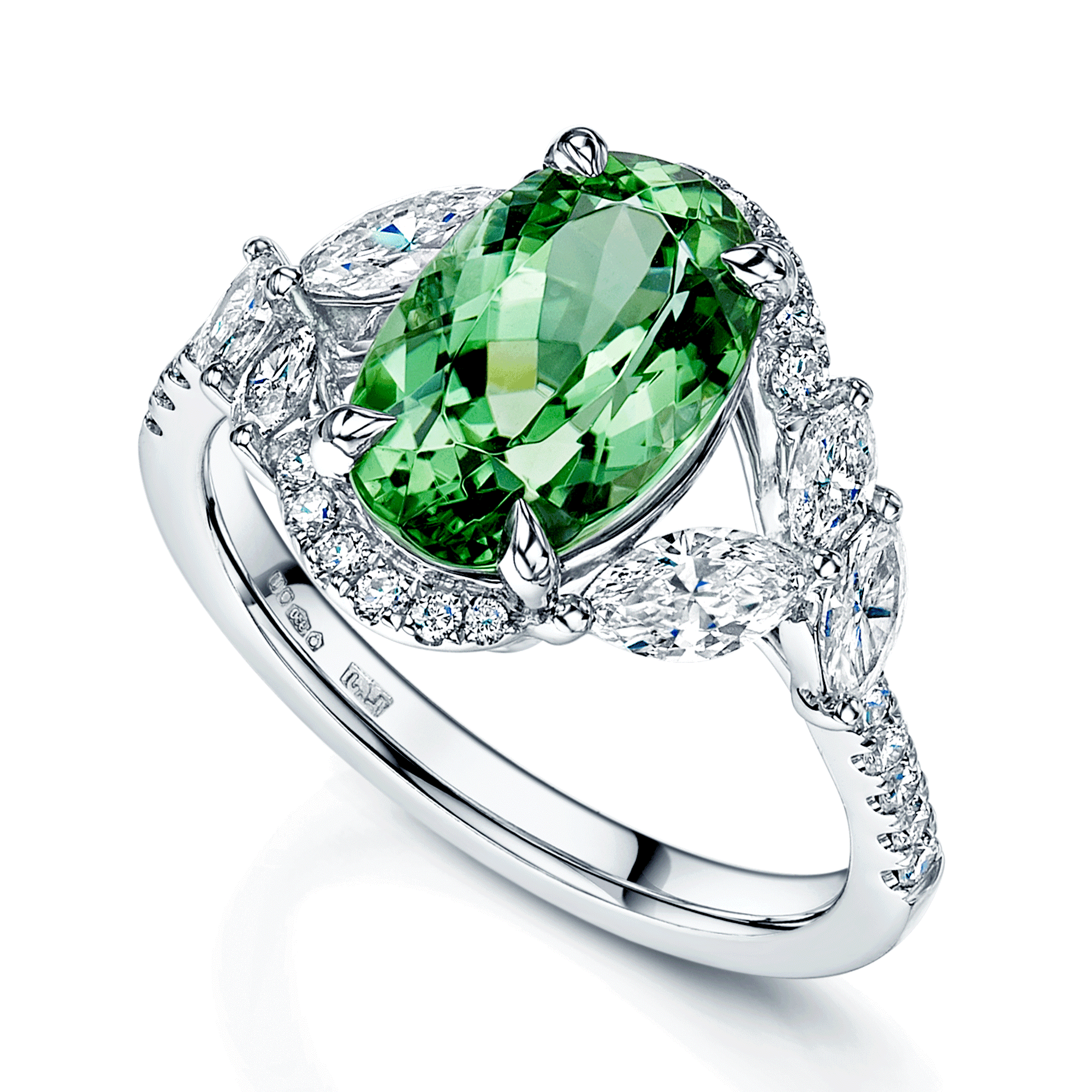 Platinum Oval Cut Green Tourmaline And Marquise And Round Brilliant Diamond Twist Ring