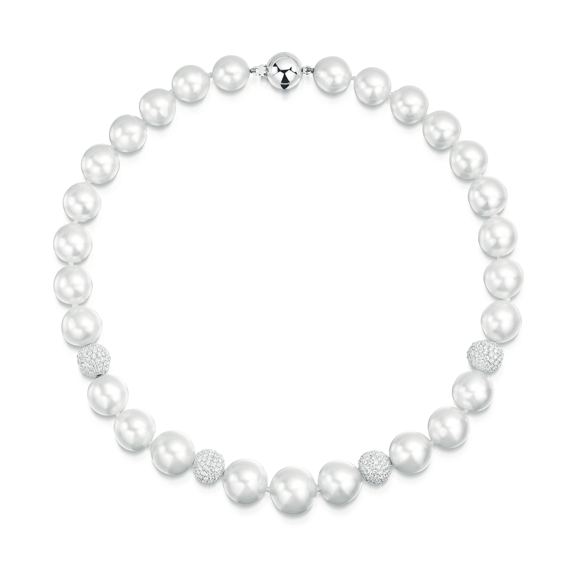 18ct White Gold Graduated South Sea Pearl Necklet With Set Pave Set Diamond Spheres