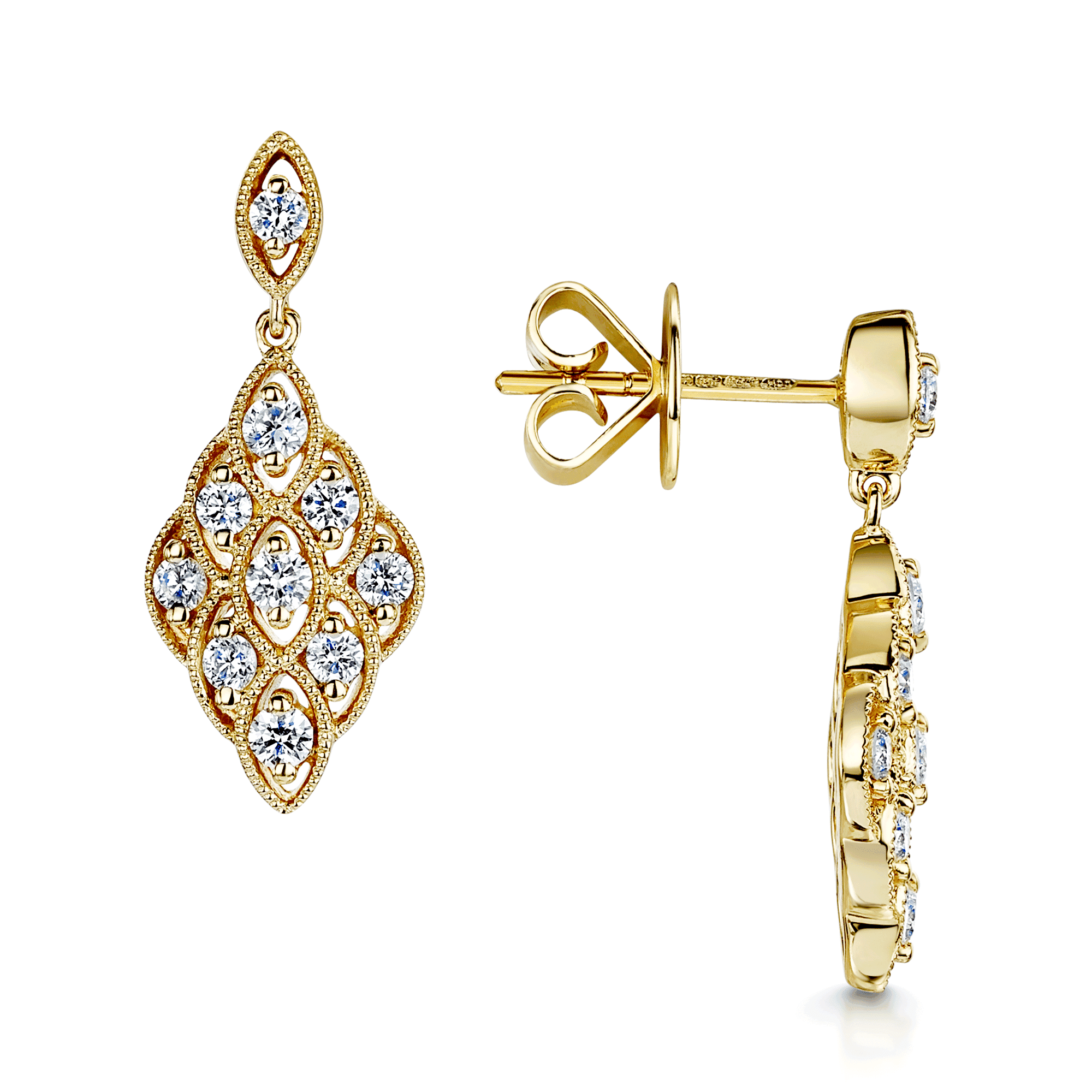 18ct Yellow Gold Round Brilliant Cut Diamond Set Vintage Style Drop Earrings