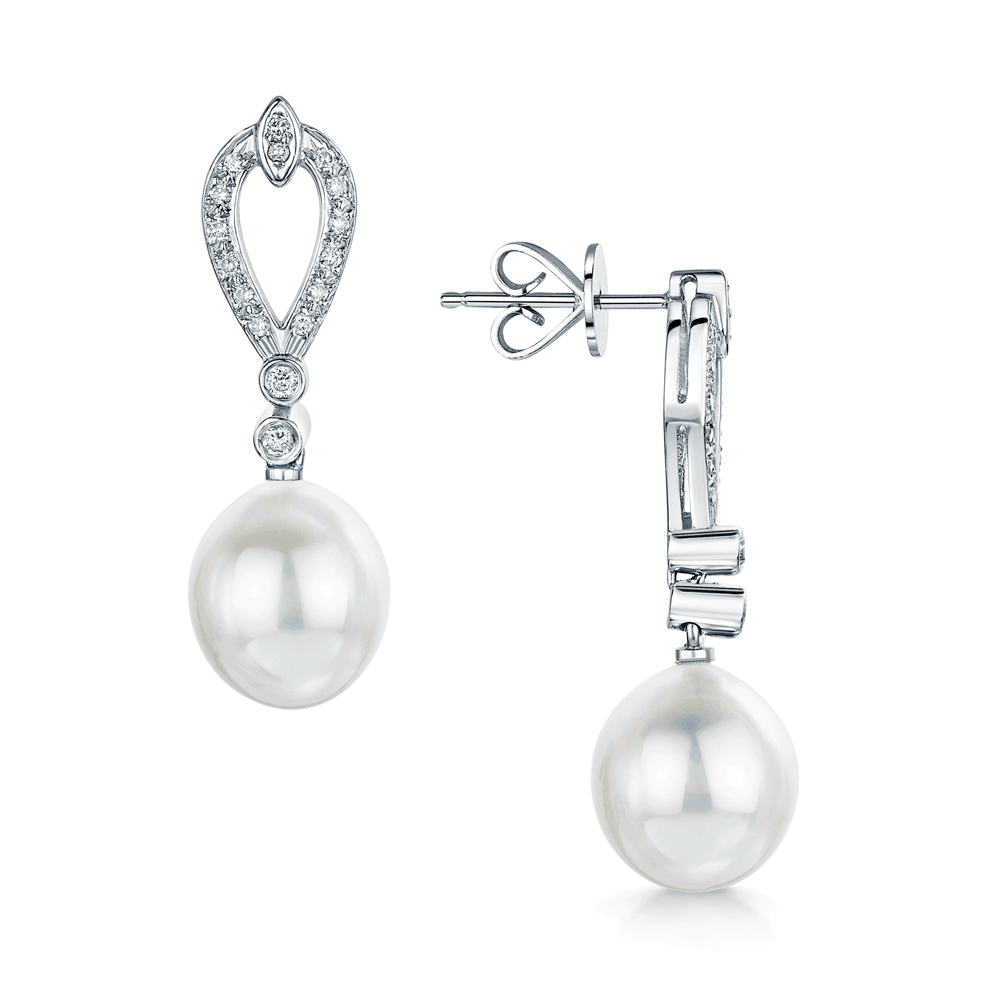 18ct White Gold Fresh Water Cultured Pearl & Diamond Set Drop Earrings