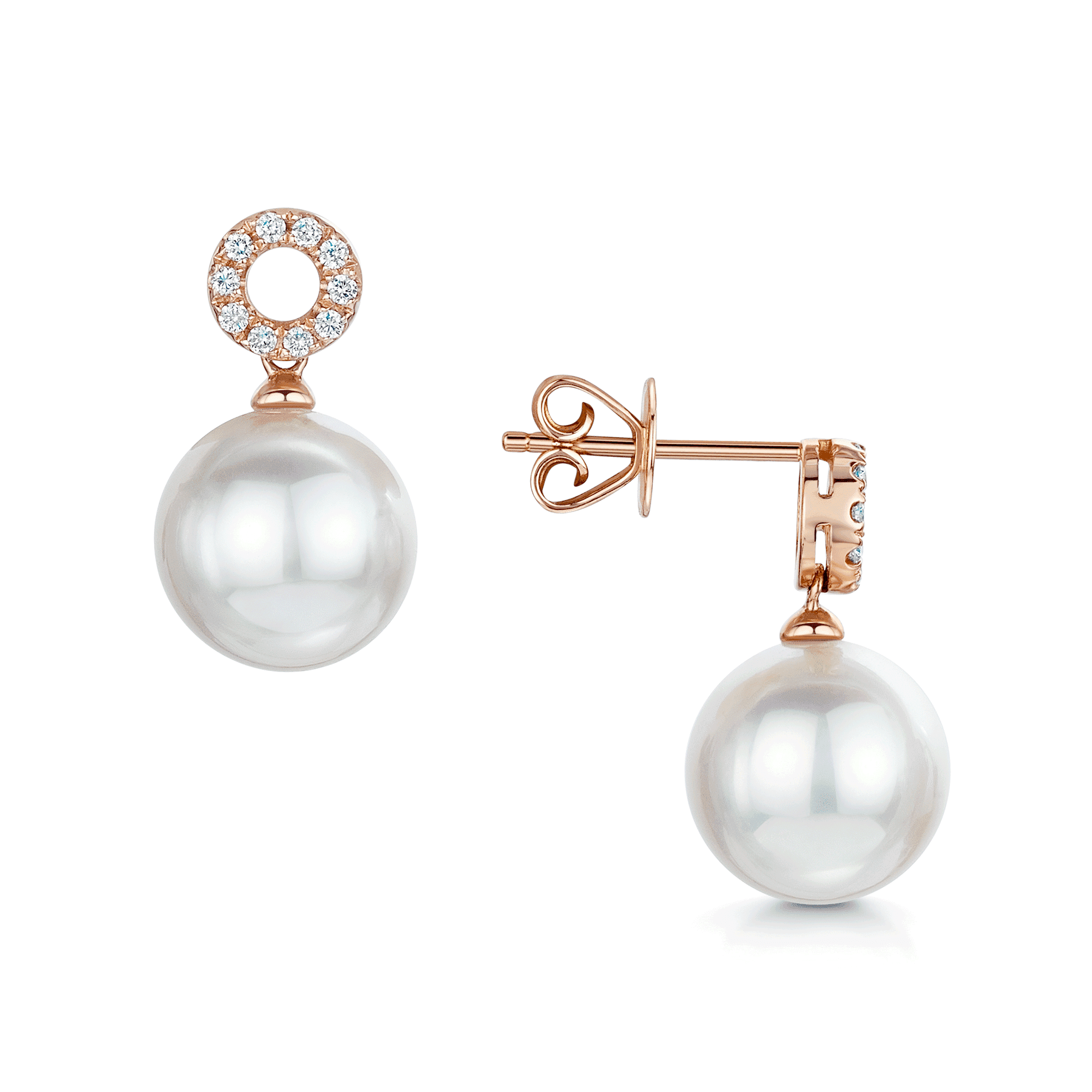 18ct Rose Gold South Sea White Pearl And Diamond Set Earrings