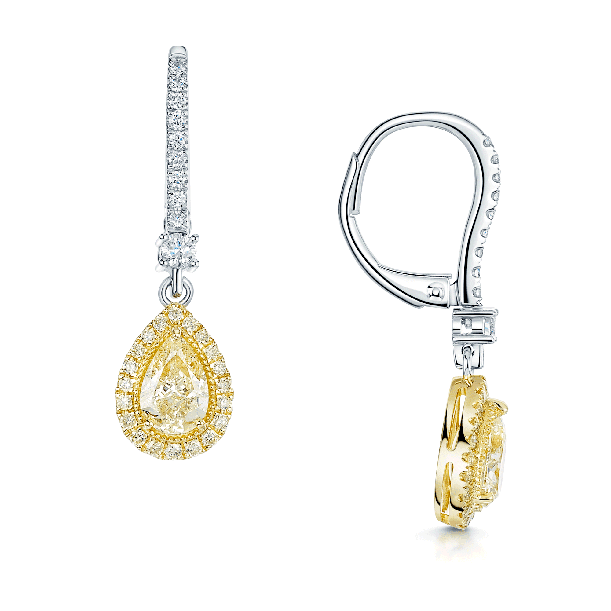 18ct White And Yellow Gold Pear Shaped Yellow Diamond Halo Drop Earrings