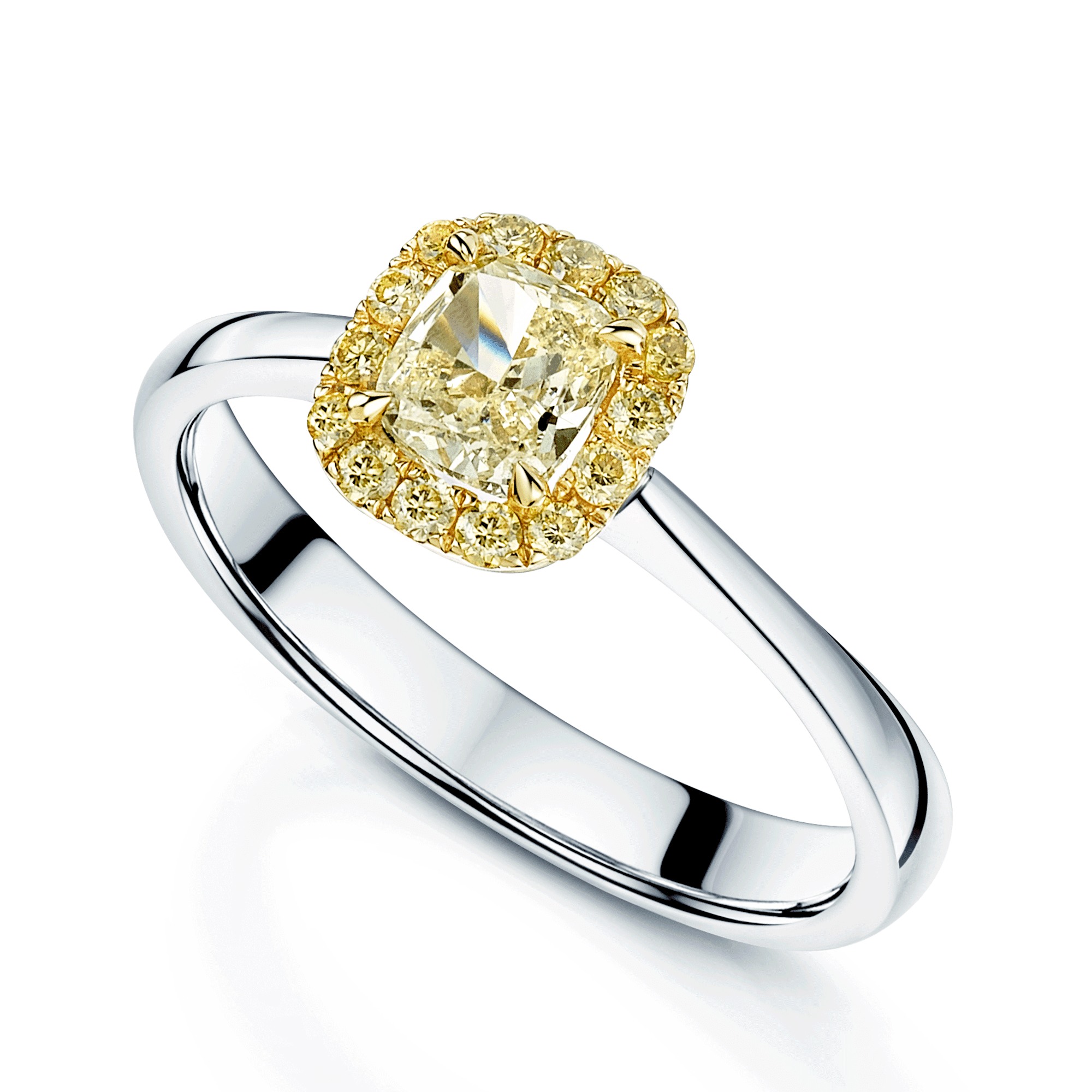 Platinum And 18ct Yellow Gold Cushion Shaped Yellow Diamond Halo Cluster Ring