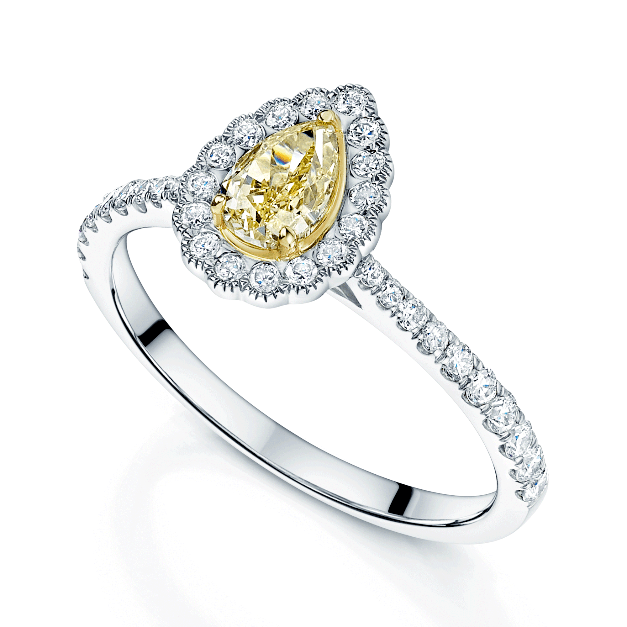 Platinum And 18ct Yellow Gold Pear Shape Fancy Yellow Diamond Halo Ring With Diamond Shoulders