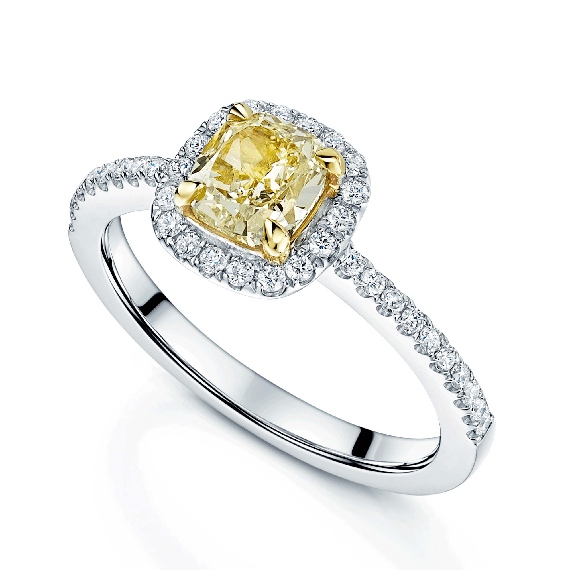18ct White Gold GIA Certificated 1.09ct Cushion Shaped Fancy Yellow Diamond Halo Ring 0.26ct With Diamond Set Shoulders