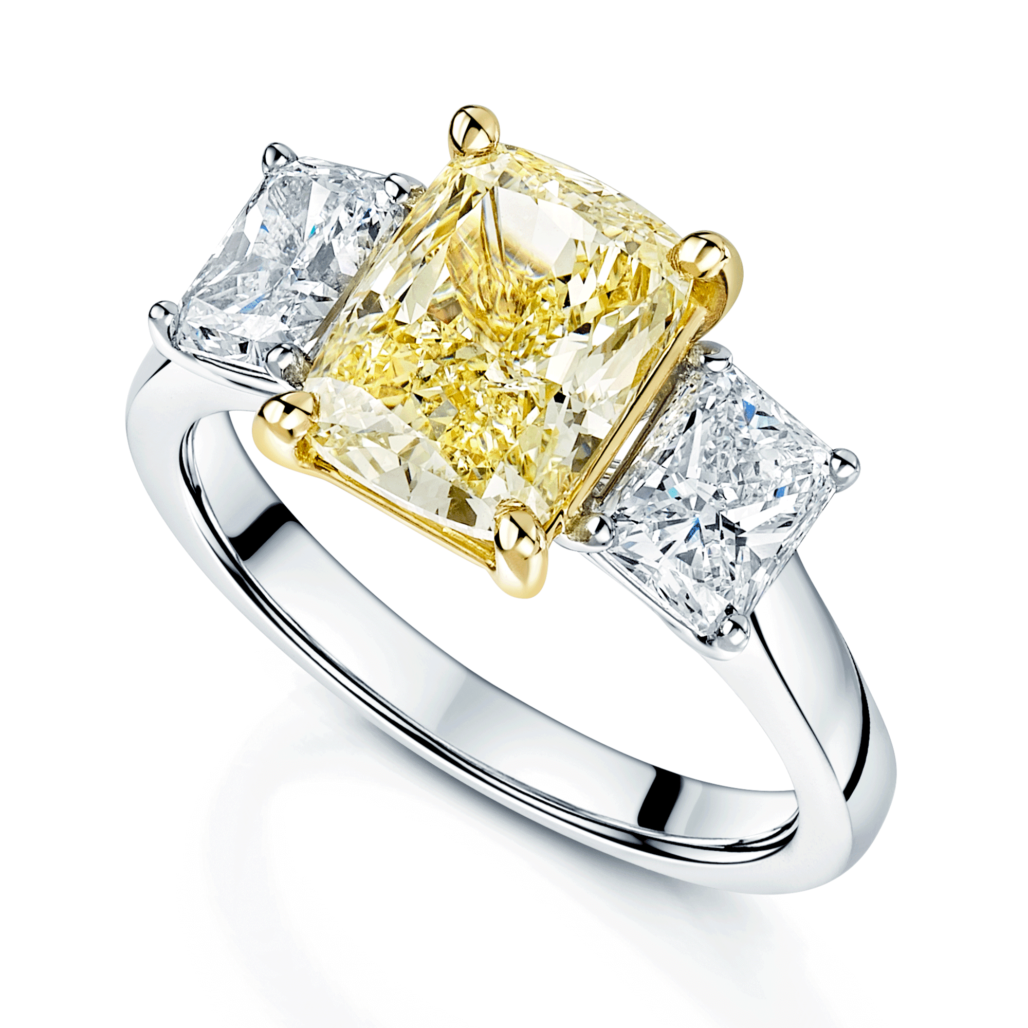 2.81 Carat Fancy Yellow Radiant Cut Diamond Three Stone Ring 1.40 Carat Diamonds