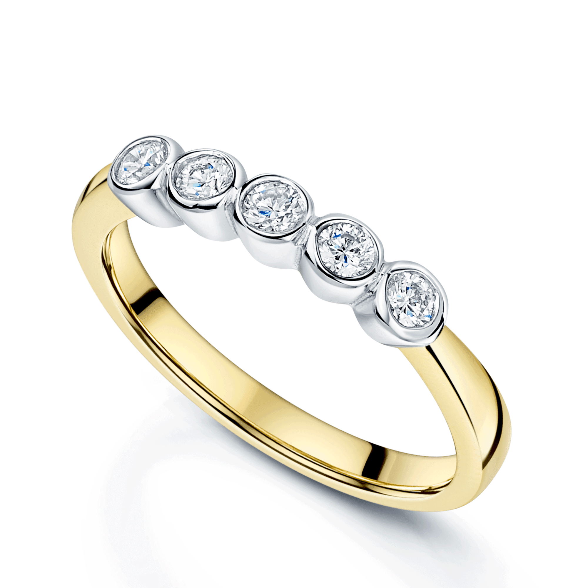 18ct Yellow Gold Round Brilliant Cut Diamond Rub Over Set Five Stone Eternity Ring