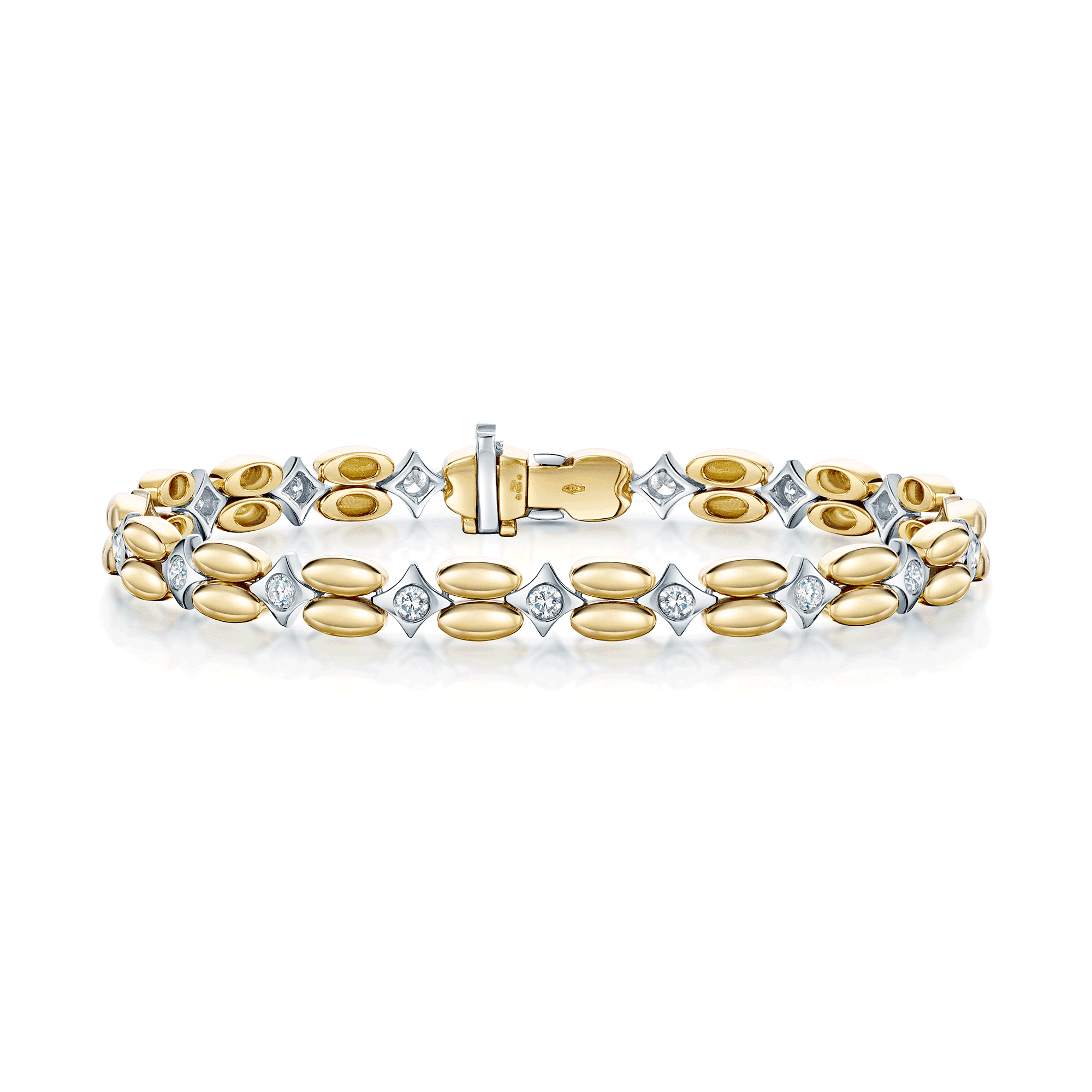 18ct Yellow Gold Double Oval & 18ct White Gold Square Rub Over Diamond Set Link Bracelet