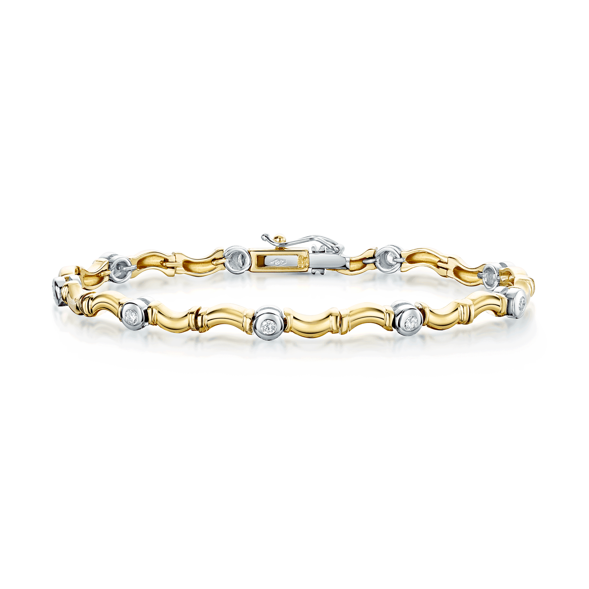 18ct Yellow & White Gold Rub Over Set Curved Bar Link Bracelet