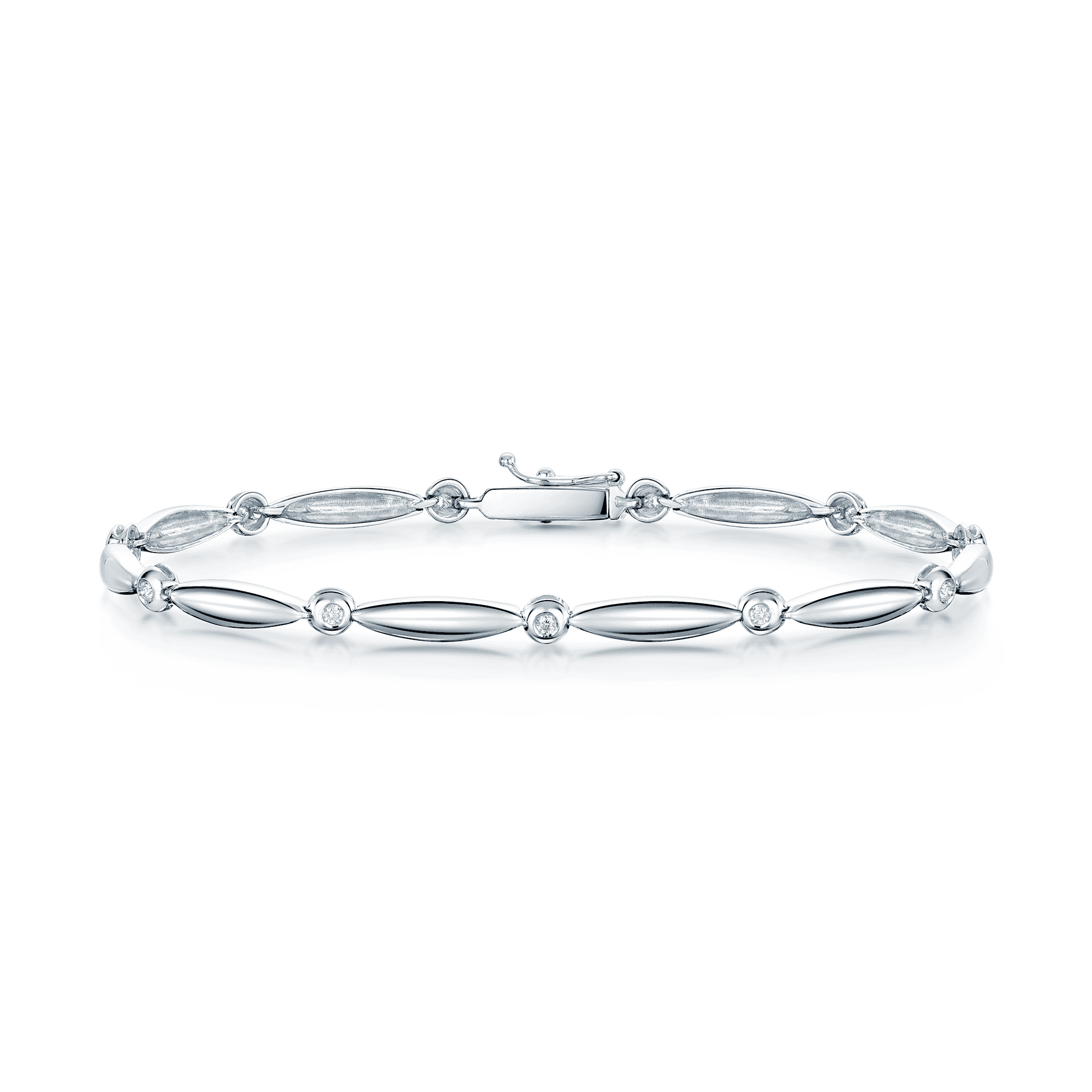 18ct White Gold Marquise Shape Bar Bracelet With Rub Over Diamond Set Spacers