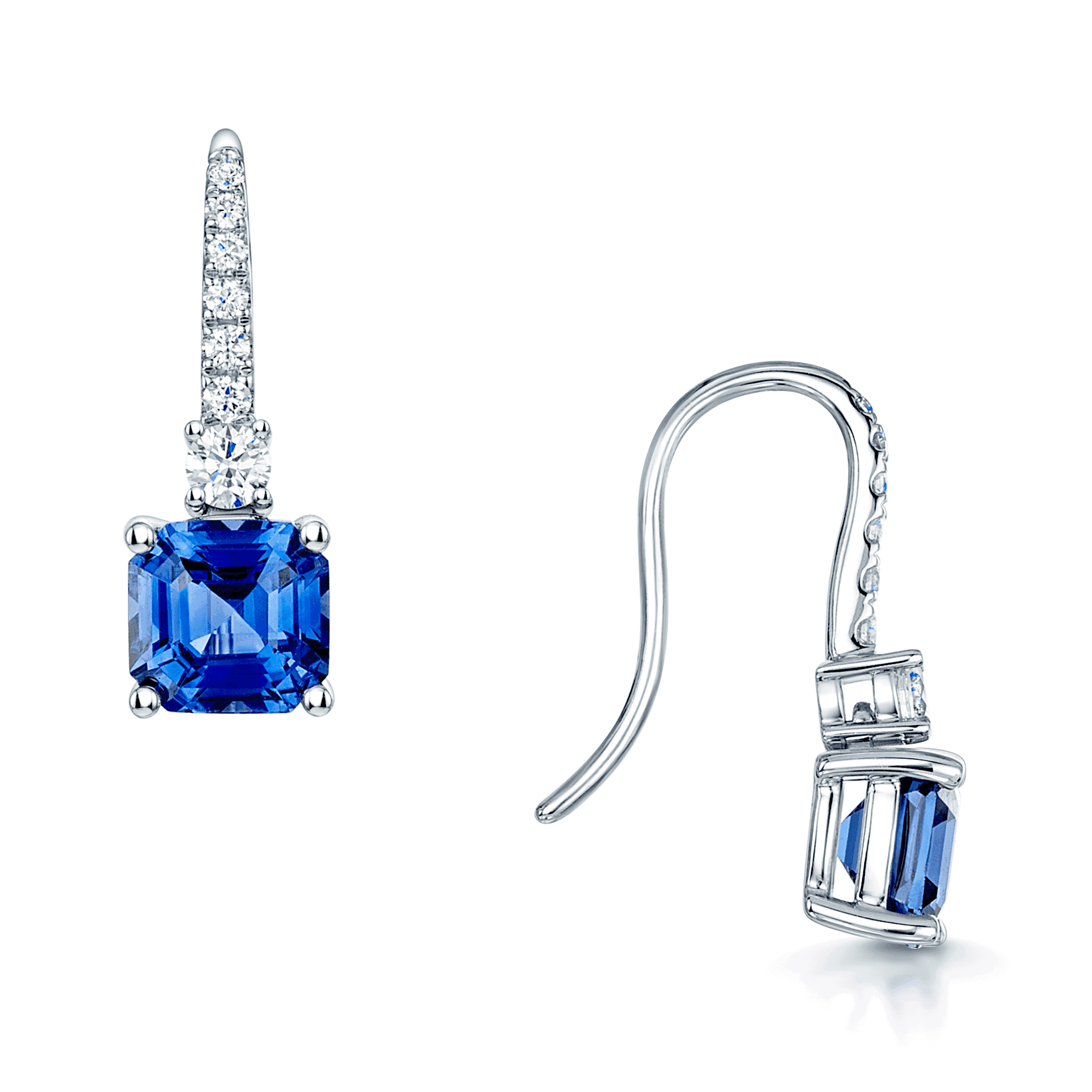 18ct White Gold Blue Sapphire and Round Brilliant Cut Diamond Drop Earrings