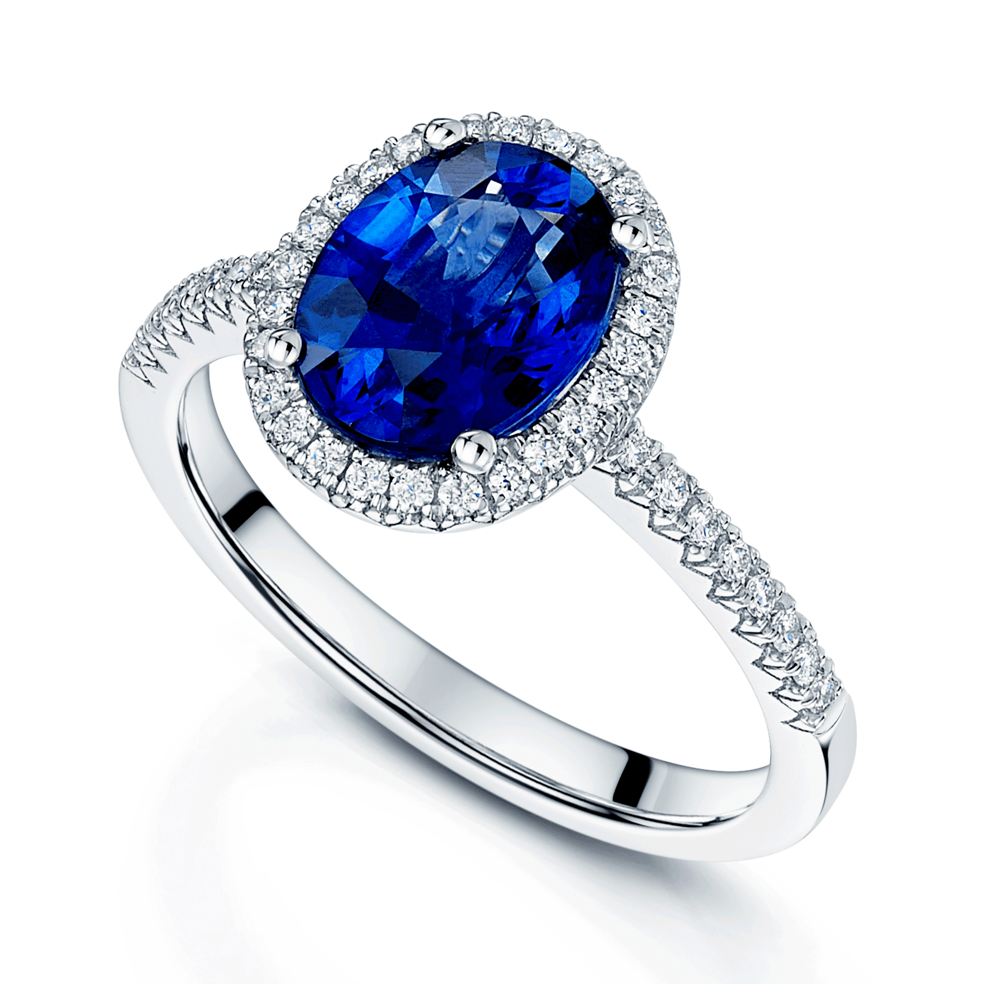 Platinum Oval Sapphire And Diamond Cluster Ring With Diamond Set Shoulders