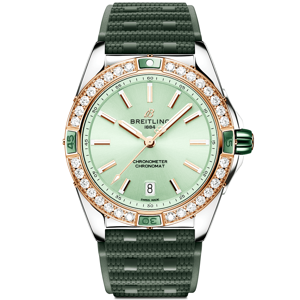 Super Chronomat 38mm Mint Green Dial Two-Tone Rubber Strap Watch