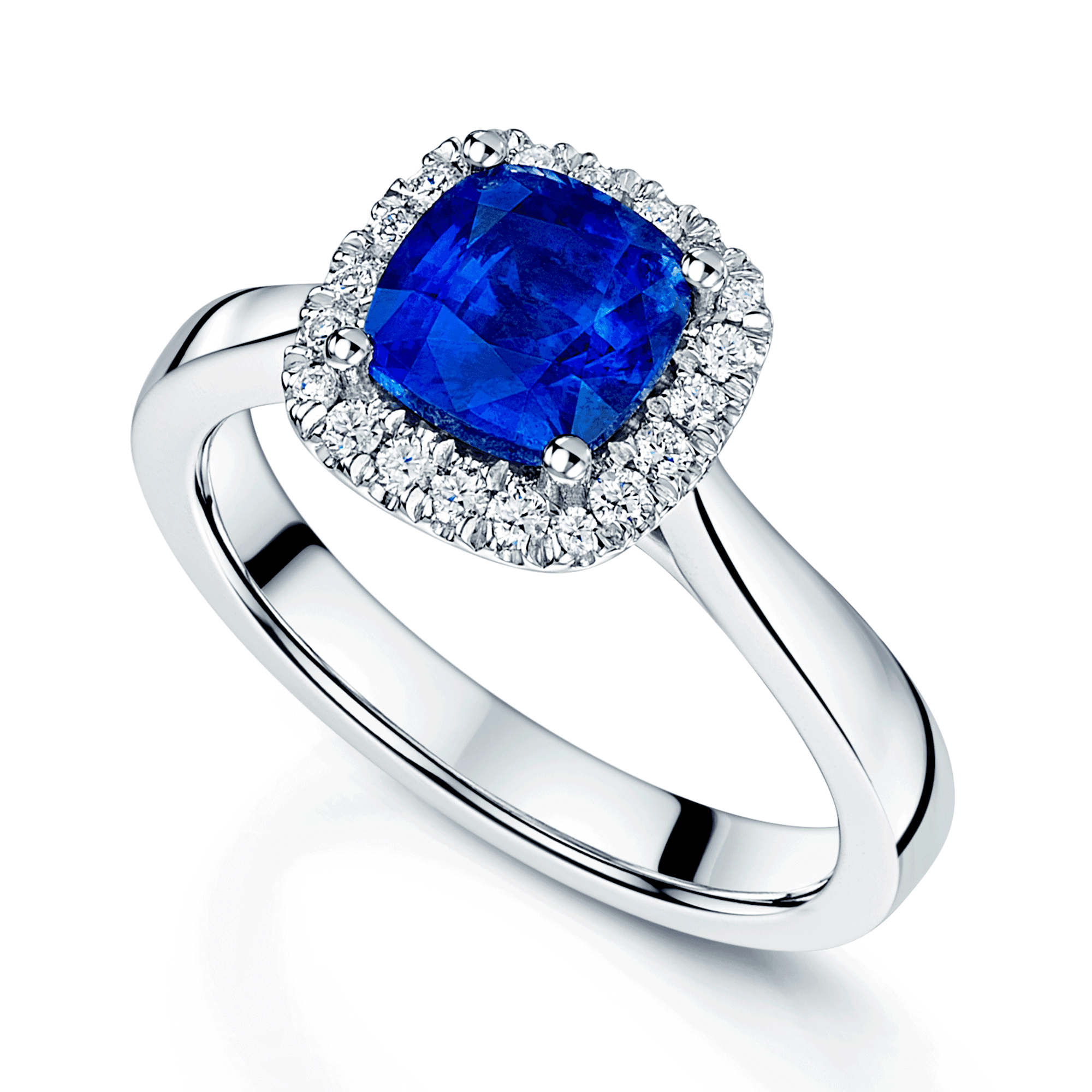 Platinum Cushion Cut Blue Sapphire & Round Brilliant Cut Diamond Halo Ring