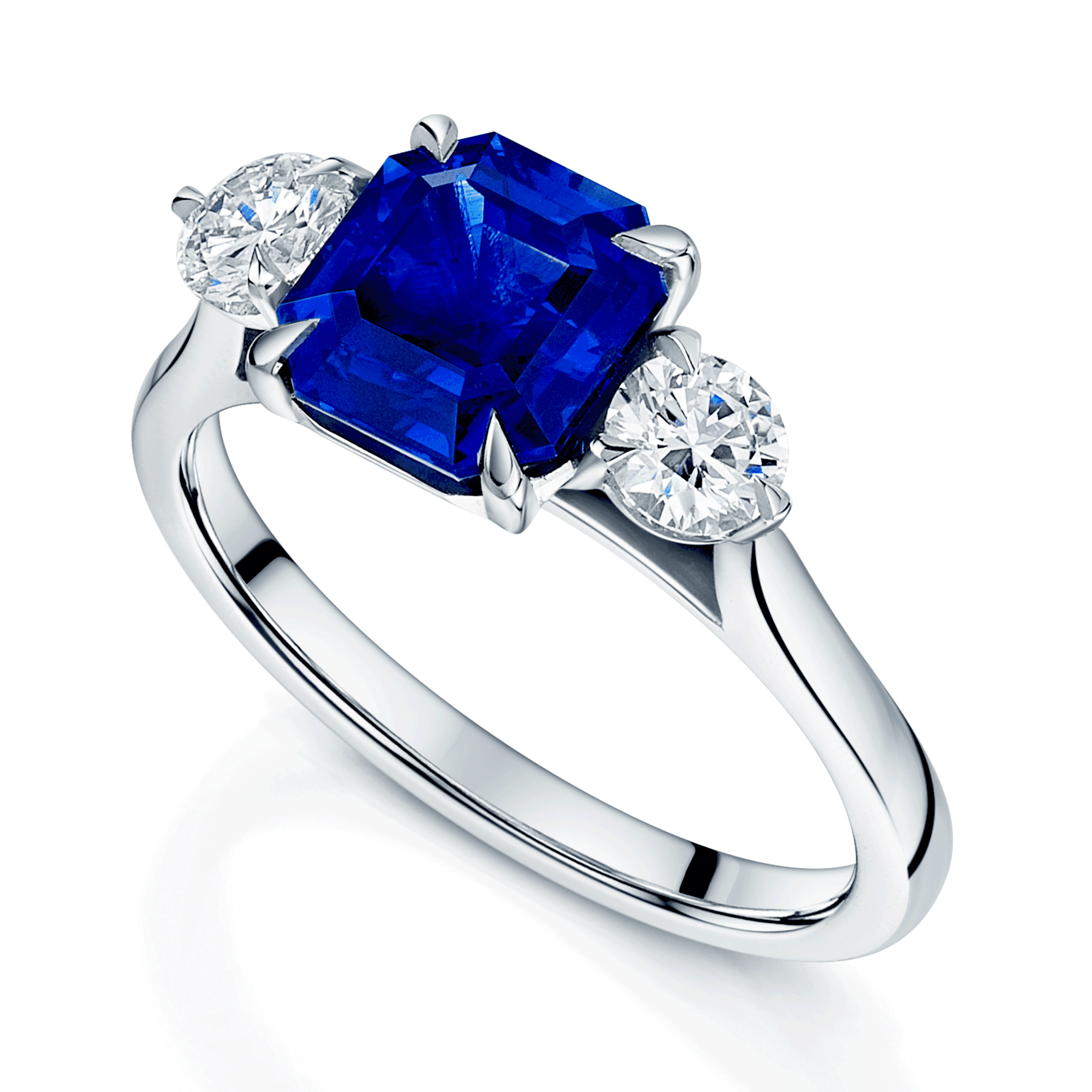 Platinum Rectangular Step Cut Sapphire &  GIA Brilliant Cut Diamond Three Stone Ring