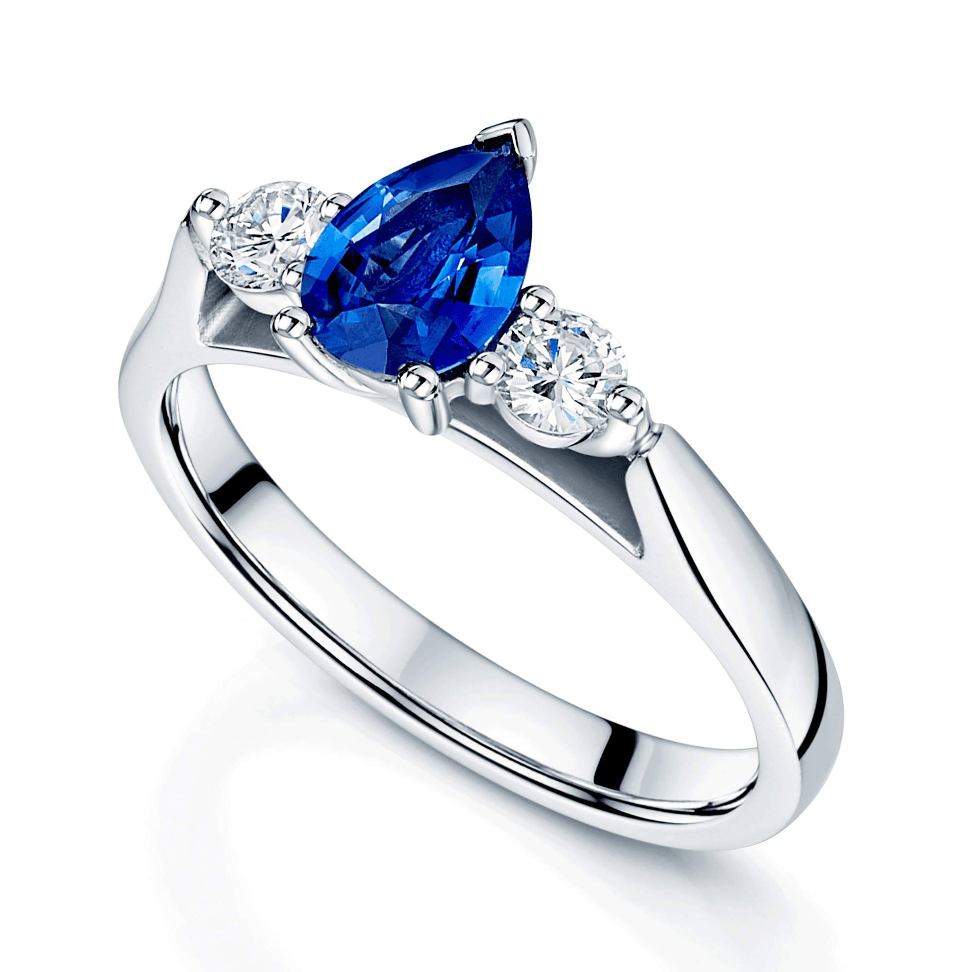 Platinum Pear Shape Sapphire & Round Brilliant Cut Diamond Three Stone Ring