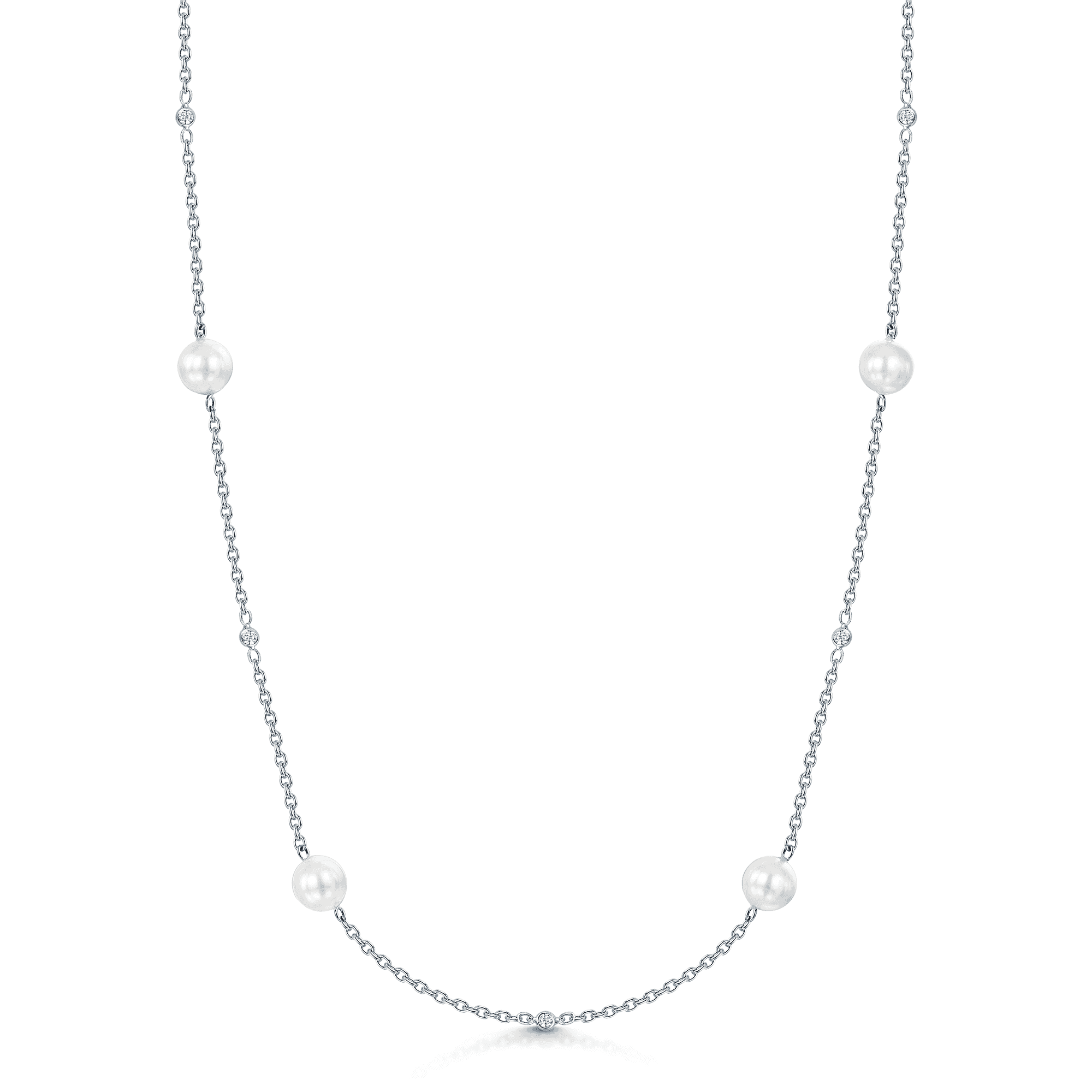 18ct White Gold Pearl & Diamond Set Long Chain Necklet