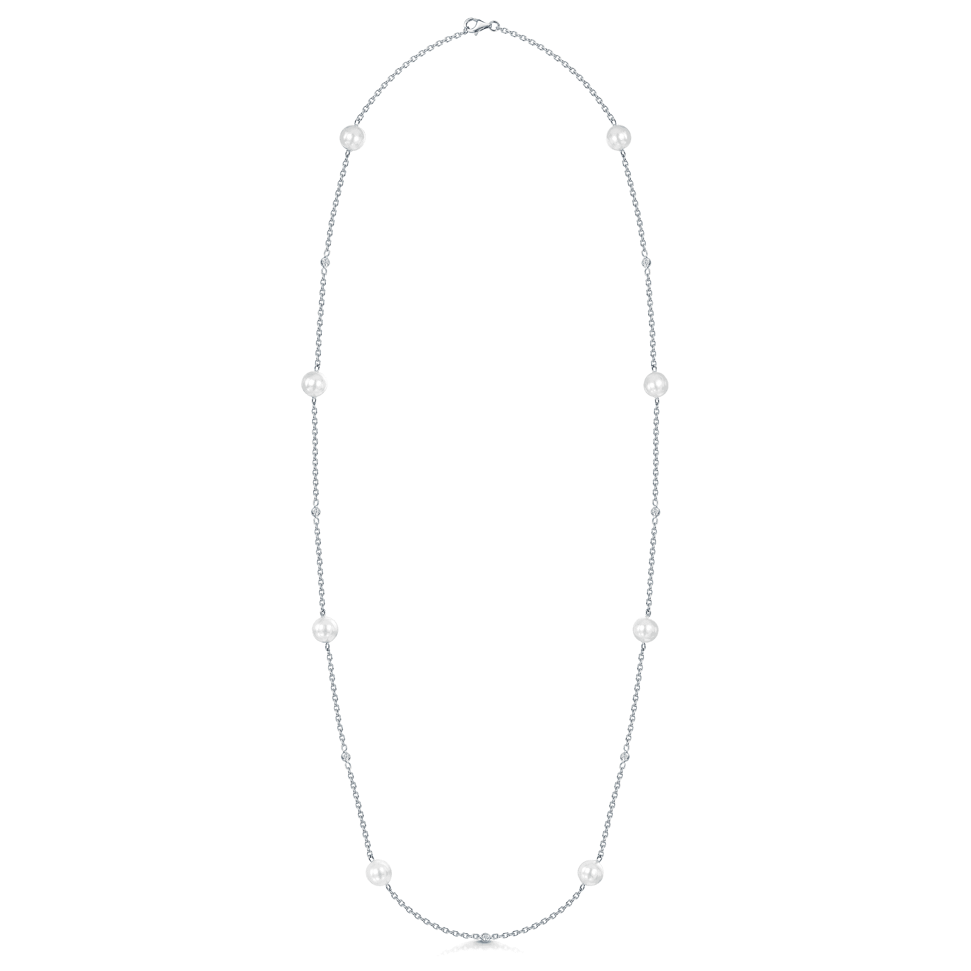 18ct White Gold Pearl & Diamond Set Long Chain Necklet