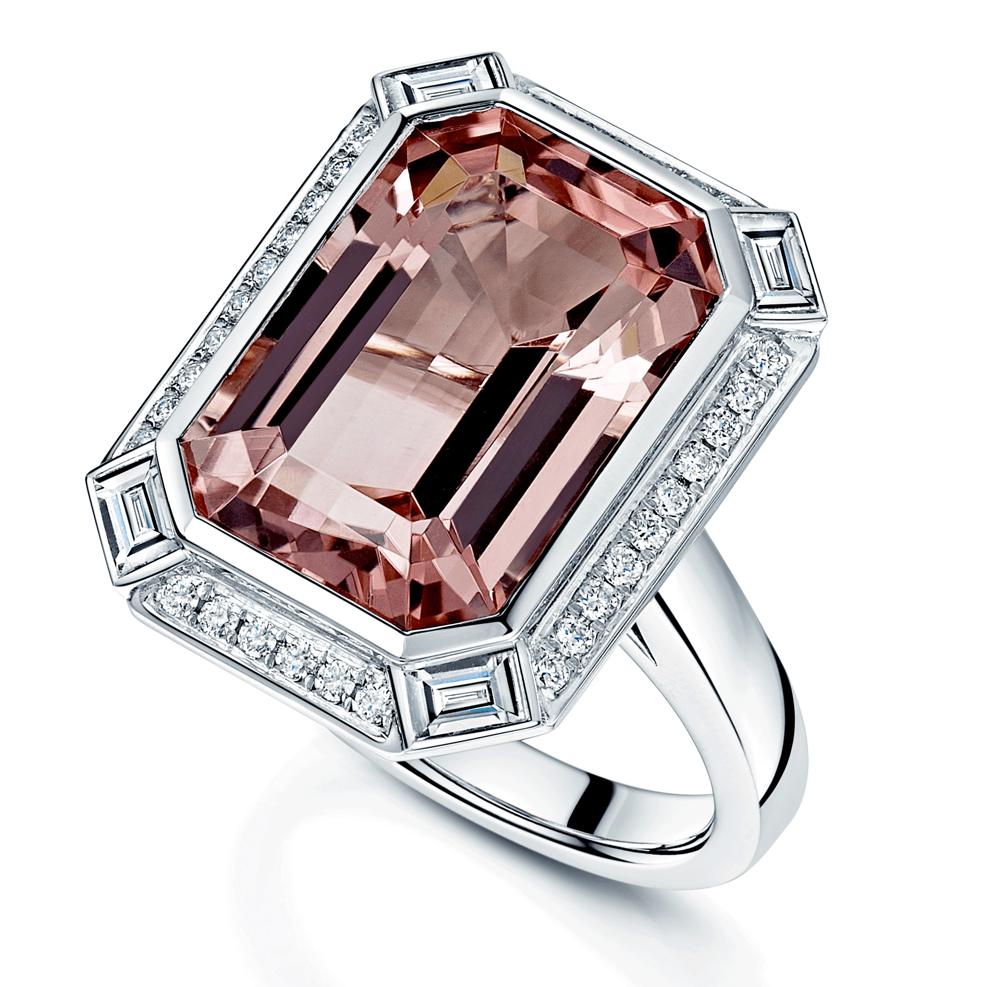 Platinum Emerald Cut Pink Tourmaline & Diamond Halo Ring