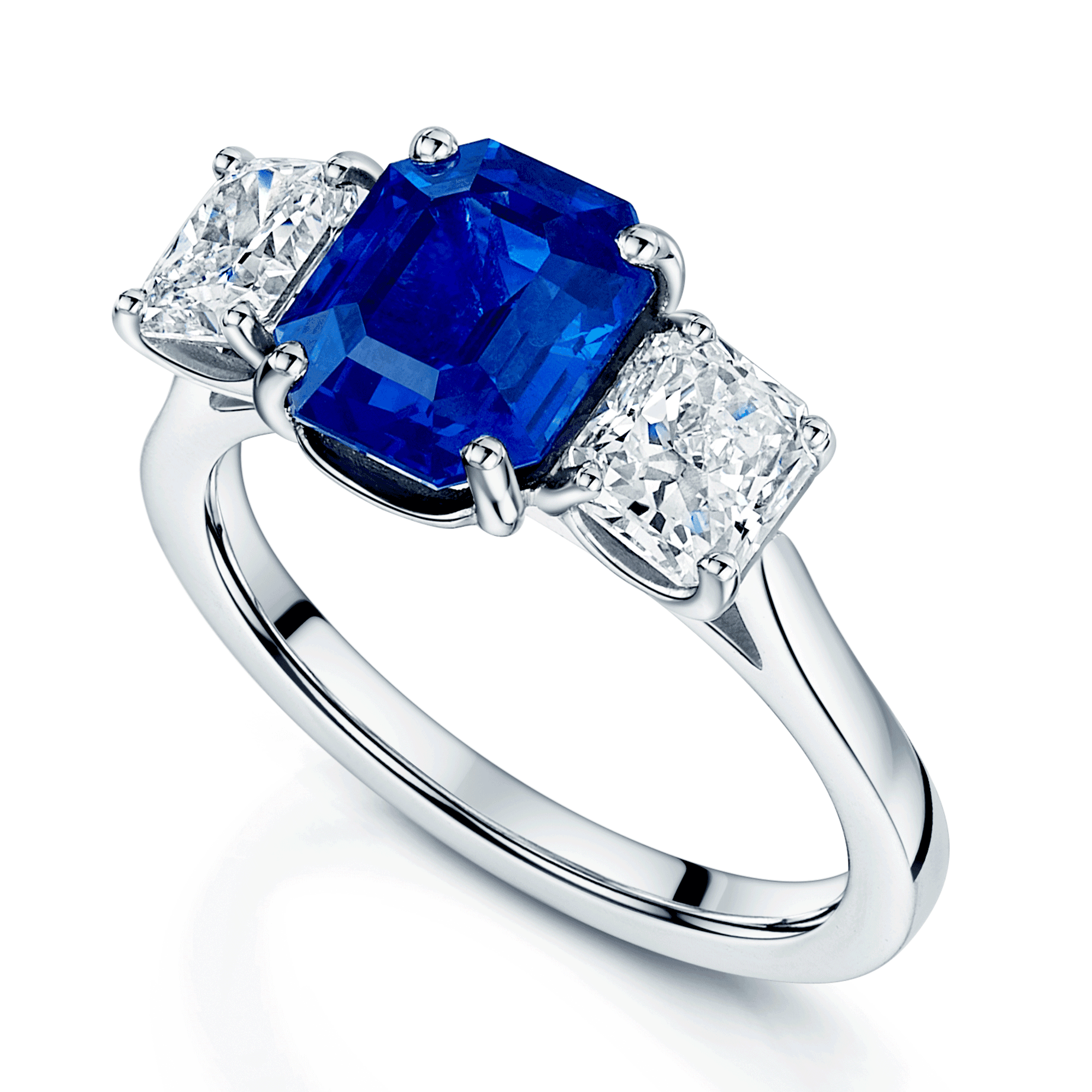 Platinum Step Cut Sapphire & Radiant Cut Diamond Three Stone Claw Set Ring