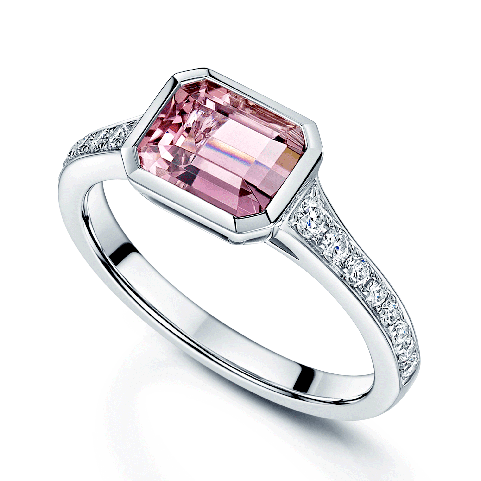 18ct White Gold Rub Over Set Emerald Cut Pink Tourmaline Ring With Diamond Set Shoulders