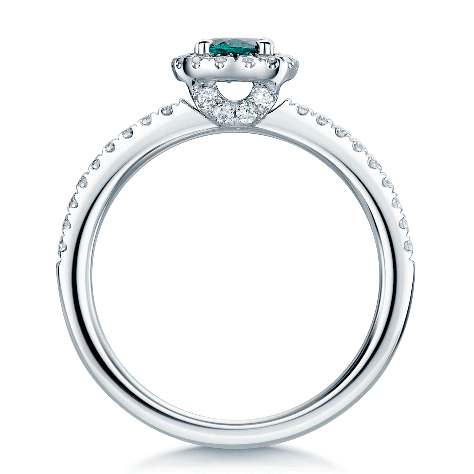 Platinum Oval Cut Columbian Emerald In A Diamond Halo Setting With Diamond Set Shoulders