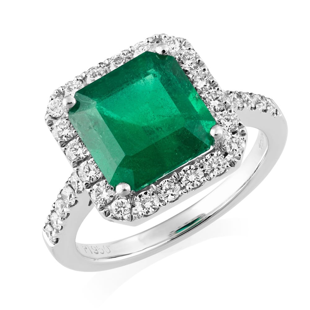 Platinum Cushion Cut Emerald & Diamonds Ring at Berry's Jewellers